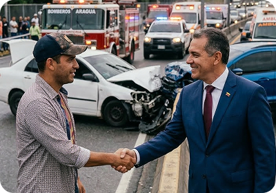 Cliente estrechando la mano de un profesional frente a vehículos involucrados en un accidente